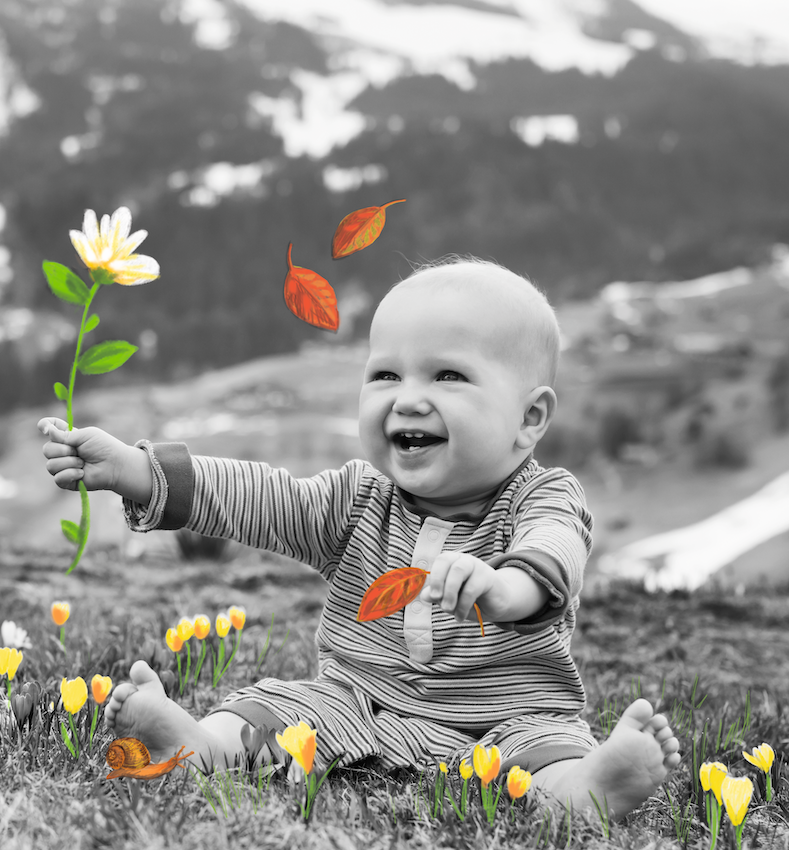 Bébé dans la nature qui joue avec des fleurs illustrées.